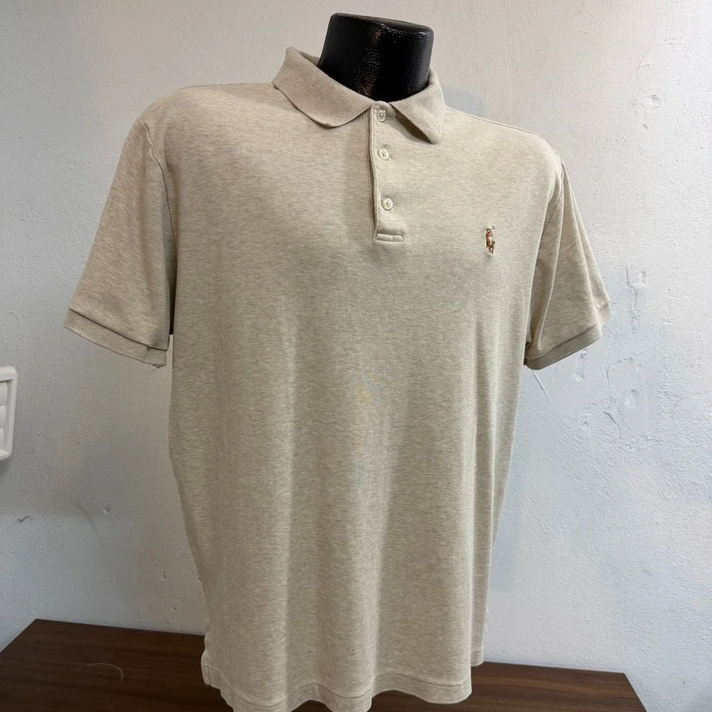 Polo Ralph Lauren Men L Oatmeal Heather Custom Slim Fit Polo Multicolor Pony